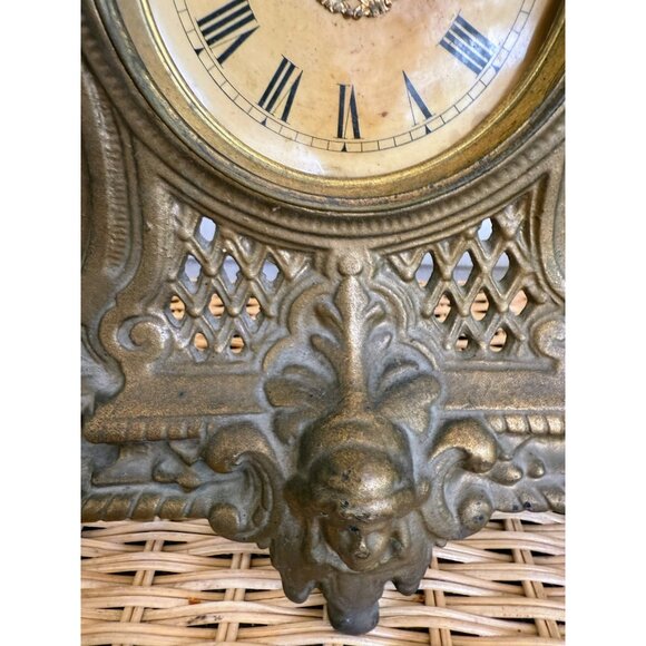 Antique 1880s Cast Iron Gold GIlt Clock Mermaids Womans Face Ornate Running - Picture 3 of 16